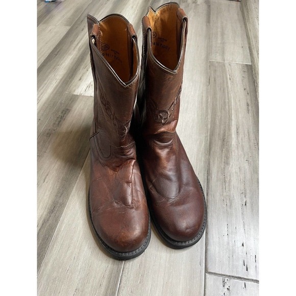 Men's Justin Leather Cowboy Boots Embroidered Round Toe Brown Size 10 - Picture 1 of 8